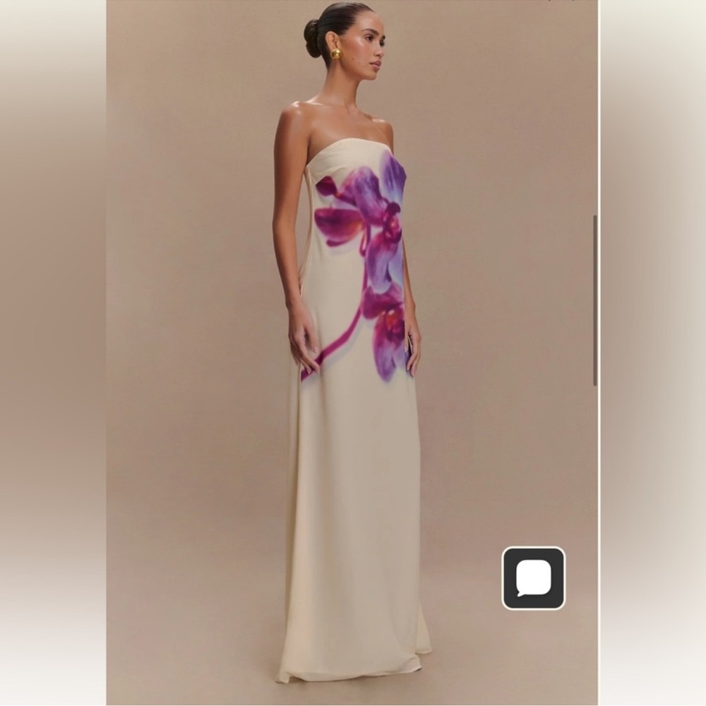 Meshki Cream Strapless Maxi Gown with Purple Floral Accent